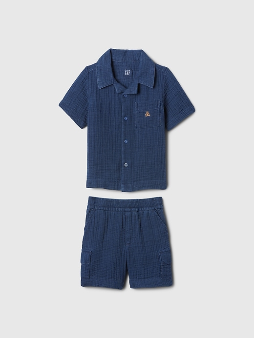 1 of 8 showing, with the color medium indigo of product babyGap Crinkle Gauze Outfit Set