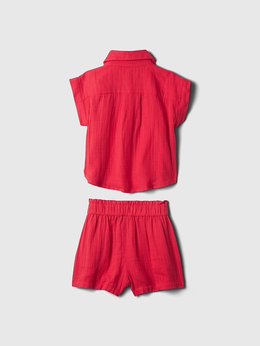 2 of 8 showing, with the color slipper red of product Baby & Toddler Crinkle Gauze Two-Piece Outfit Set