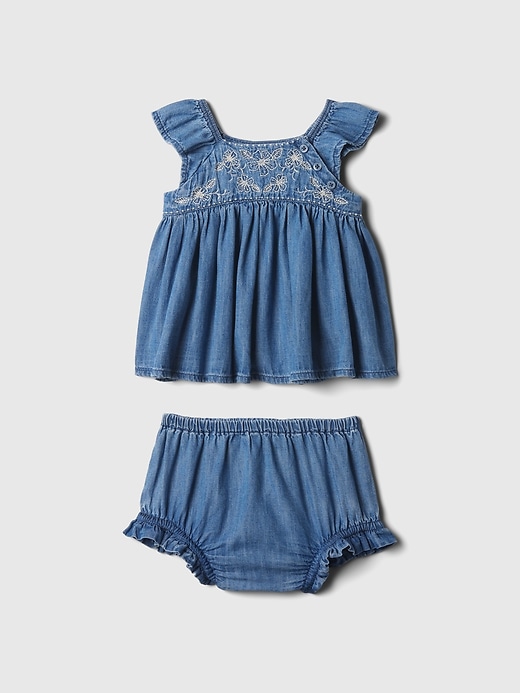 1 of 8 showing, with the color medium wash of product Baby Embroidered Denim Outfit Set