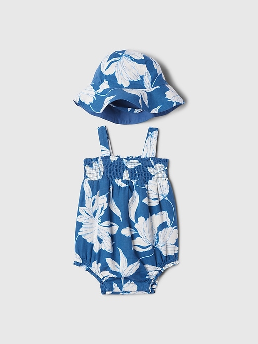 1 of 8 showing, with the color blue white floral of product Baby Linen-Blend Bubble Shorty Set