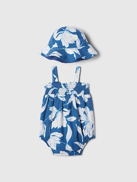2 of 8 showing, with the color blue white floral of product Baby Linen-Blend Bubble Shorty Set