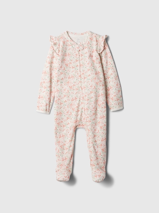 A white and pink floral baby onesie