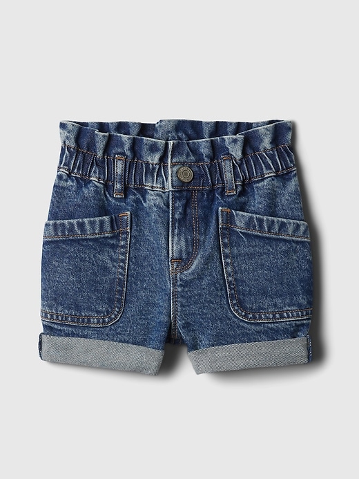 1 of 8 showing, with the color dark indigo of product Baby & Toddler Just Like Mom Ruffle Denim Shorts