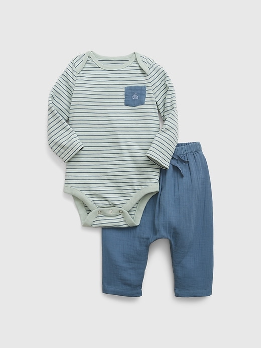 1 of 8 showing, with the color bainbridge blue of product Baby Crinkle Gauze Bodysuit Outfit Set