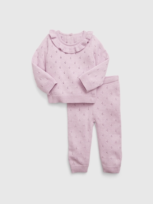 1 of 8 showing, with the color purple heather of product Baby Pointelle Sweater Outfit Set