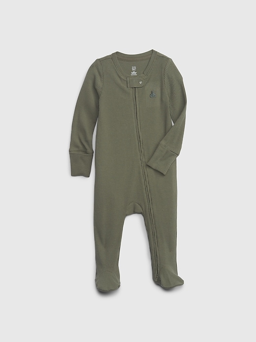 A green baby pajama onesie
