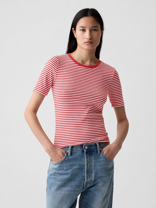 1 of 8 showing, with the color red & white stripe of product Modern Crewneck T-Shirt