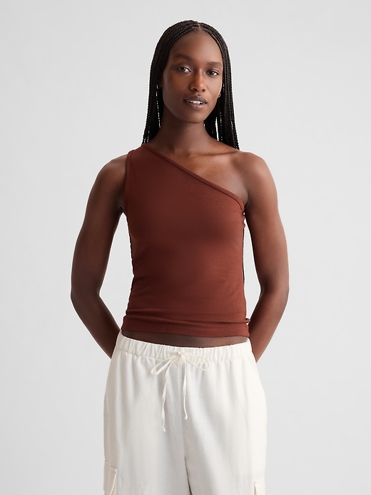 1 of 8 showing, with the color smoked paprika brown of product Modern One-Shoulder Cropped Tank Top