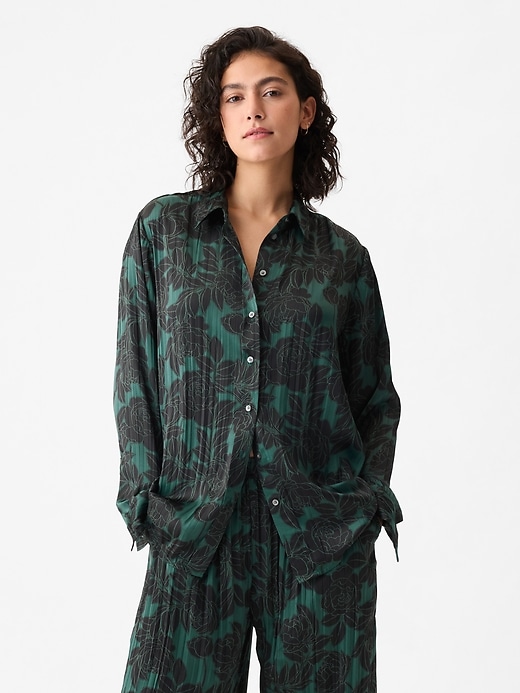 1 of 8 showing, with the color green & black floral of product Pleated Satin Boyfriend Shirt