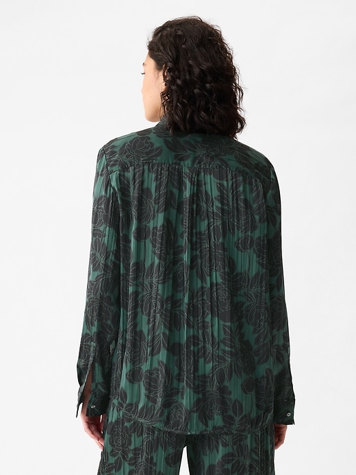2 of 8 showing, with the color green & black floral of product Pleated Satin Boyfriend Shirt