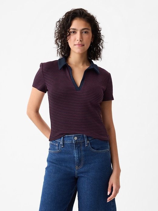 1 of 8 showing, with the color navy blue & burgundy stripe of product Essential Rib Polo Shirt