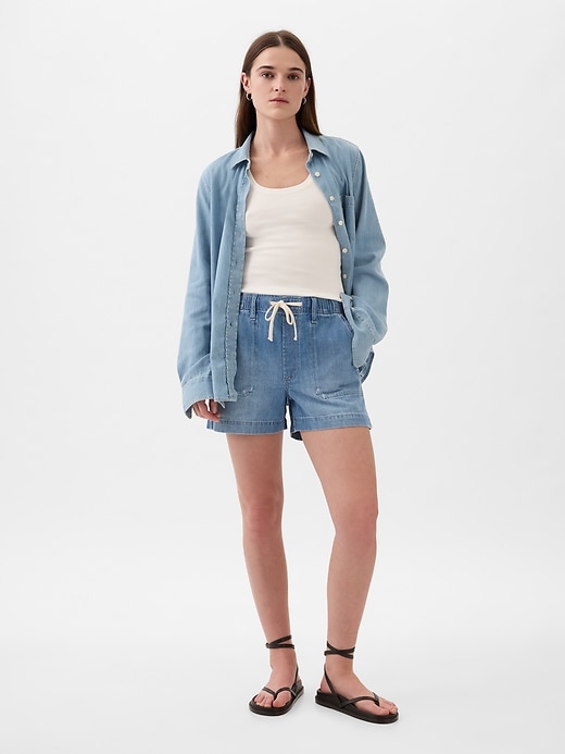 1 of 8 showing, with the color medium indigo of product Denim Easy Shorts