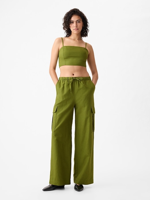 1 of 8 showing, with the color calla green of product Mid Rise Linen-Cotton Pull-On Cargo Pants
