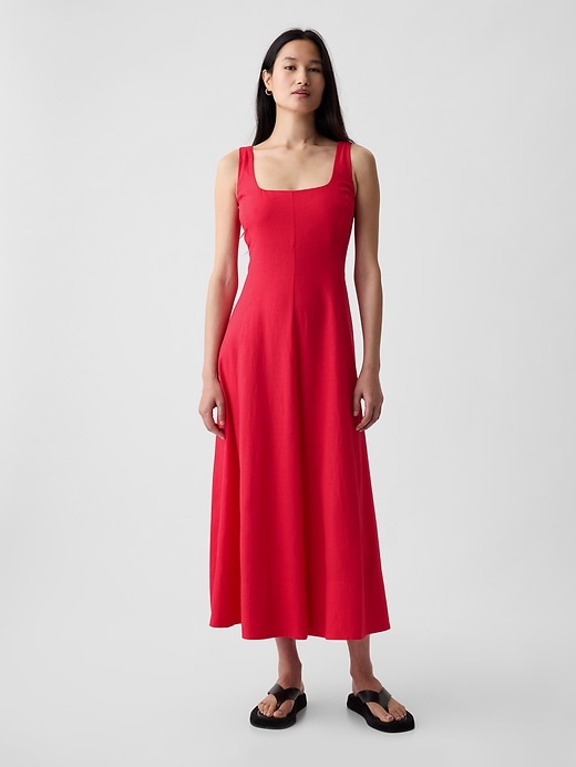 1 of 8 showing, with the color slipper red of product Linen-Blend Midi Dress