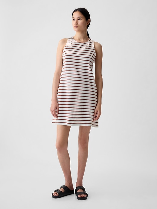 1 of 8 showing, with the color brown & off white stripe of product Jersey Swing Mini Dress