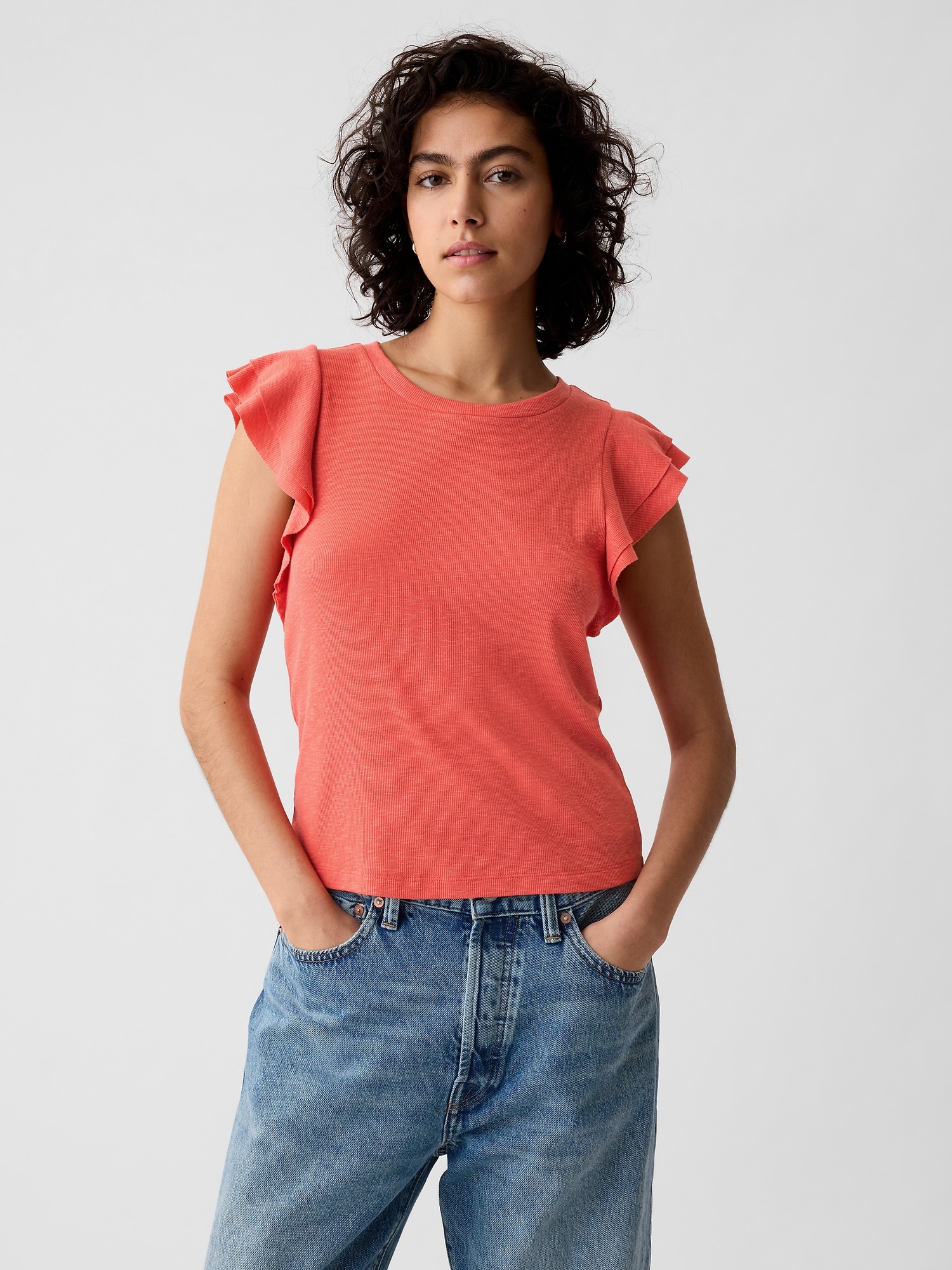Essential Rib Flutter-Sleeve Shirt