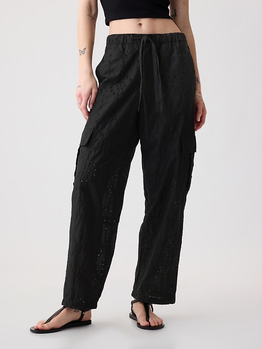 2 of 8 showing, with the color black of product Eyelet Cargo Parachute Pants