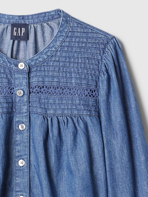 Image number 4 showing, Puff-Sleeve Lace-Trim Denim Shirt
