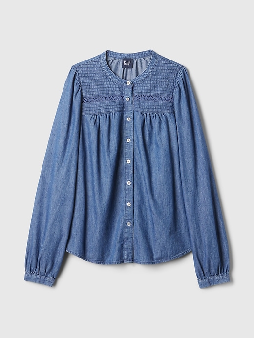 Image number 5 showing, Puff-Sleeve Lace-Trim Denim Shirt