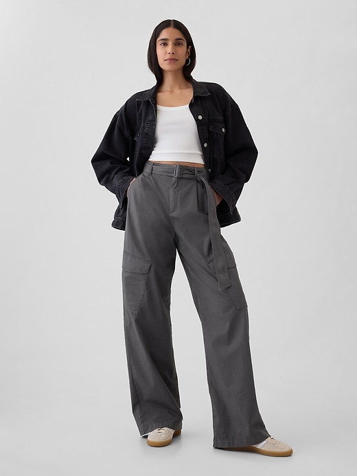 1 of 8 showing, with the color soft black of product High Rise Baggy Cargo Trousers