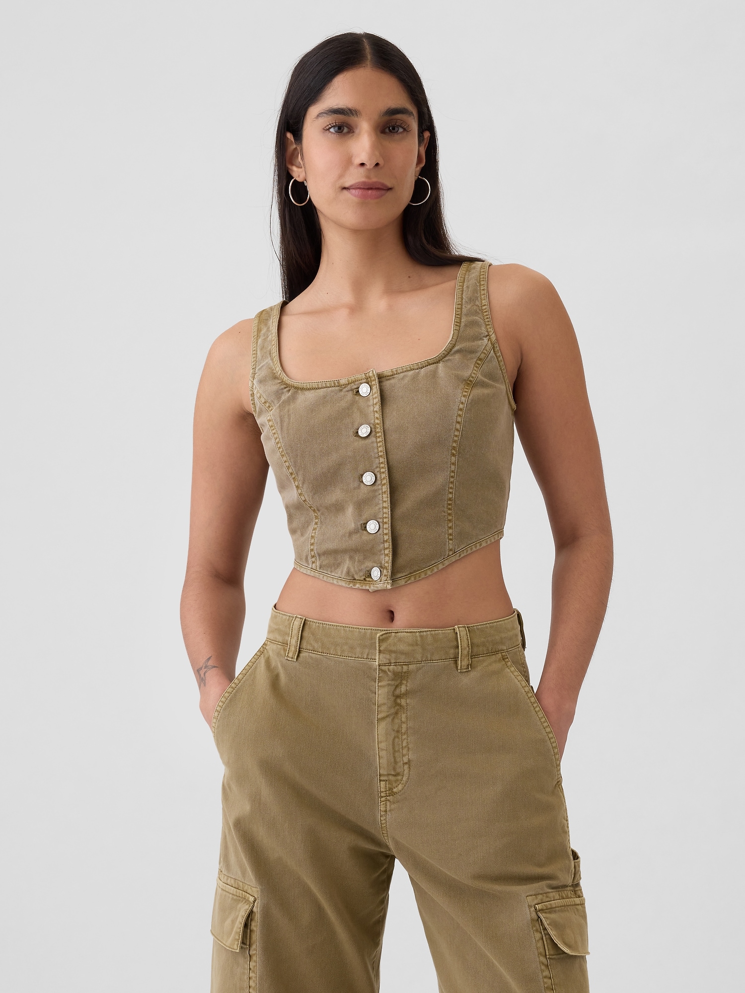 Structured Twill Cropped Corset Tank Top