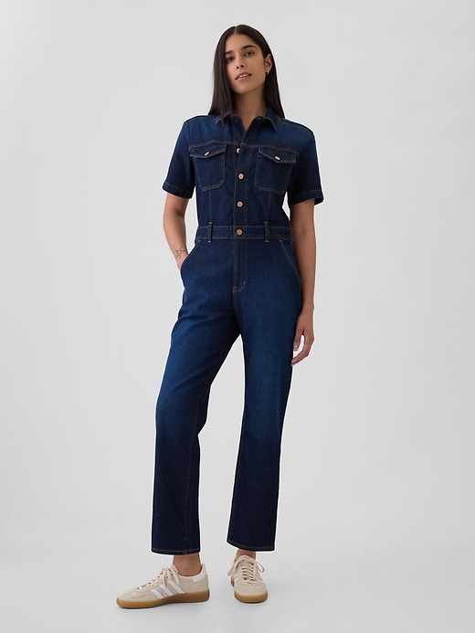 1 of 8 showing, with the color dark wash of product Denim Jumpsuit
