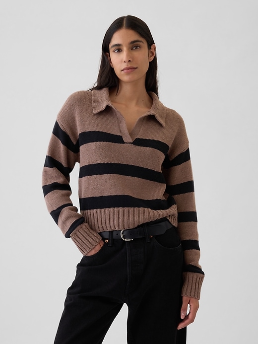1 of 8 showing, with the color brown and black stripe of product Shrunken Polo Sweater