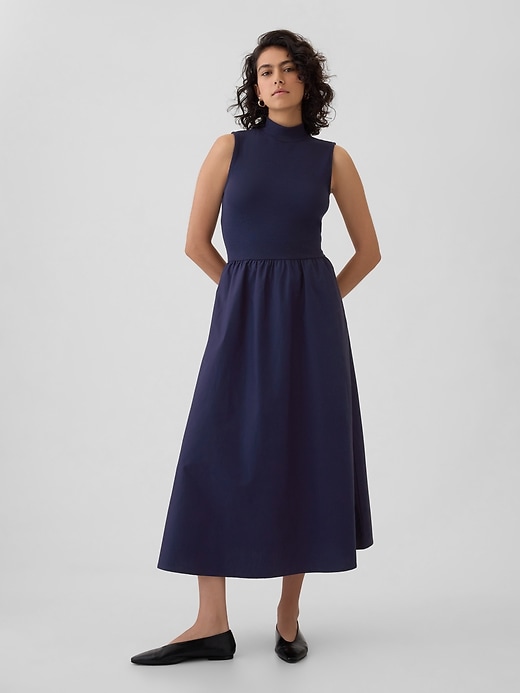 1 of 8 showing, with the color navy blue of product Mockneck Mixed Media Midi Dress