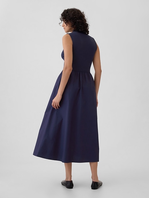 2 of 8 showing, with the color navy blue of product Mockneck Mixed Media Midi Dress