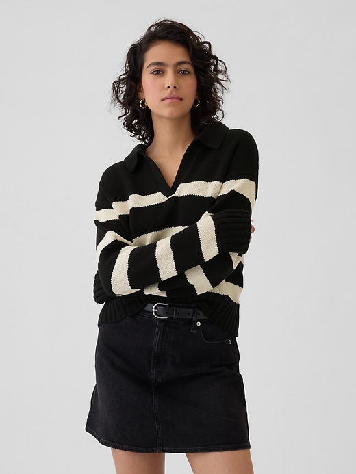 1 of 8 showing, with the color black and white stripe of product Shrunken Polo Sweater
