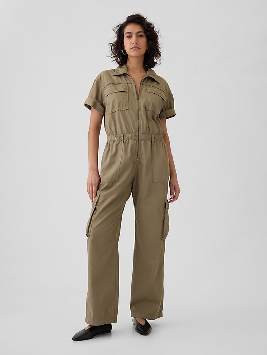 1 of 8 showing, with the color hayes brown of product Khaki Utility Jumpsuit