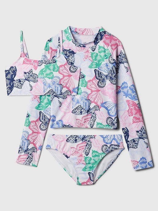 1 of 8 showing, with the color multi butterfly of product Kids Rash Guard Swim Three-Piece