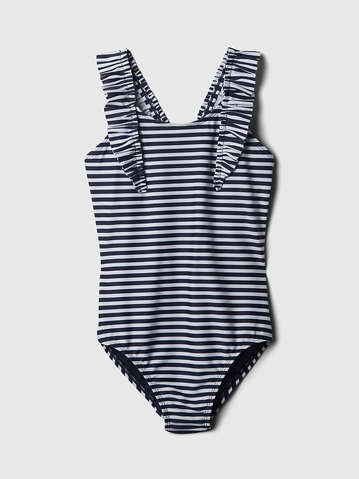 1 of 8 showing, with the color white navy stripe of product Kids Ruffle One-Piece Swimsuit