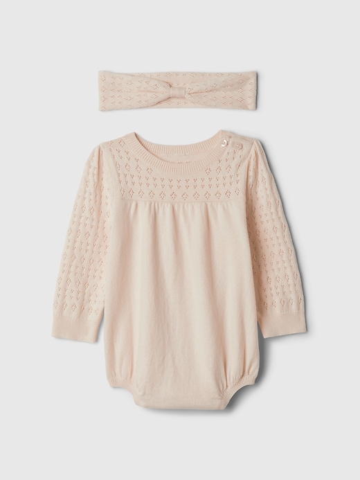 1 of 8 showing, with the color barely pink of product Baby Pointelle Sweater Bodysuit Set