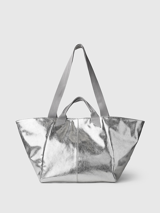 1 of 8 showing, with the color silver of product Metallic Vegan Leather Tote Bag