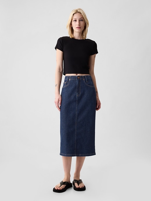 1 of 8 showing, with the color dark wash of product GapHeritage Button-Back Denim Midi Pencil Skirt