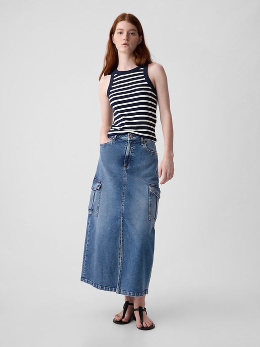 1 of 8 showing, with the color medium indigo of product Denim Cargo Maxi Skirt