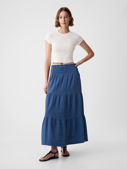 1 of 8 showing, with the color medium wash of product Crinkle Gauze Denim Maxi Skirt
