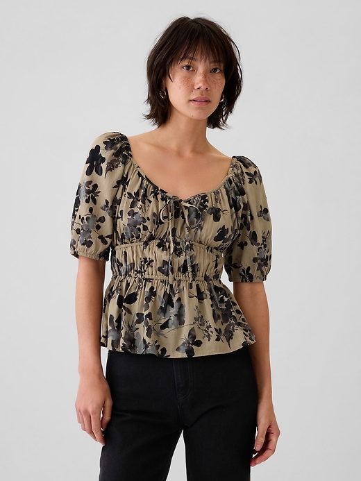 1 of 8 showing, with the color khaki tan multi floral of product Smocked Shirt