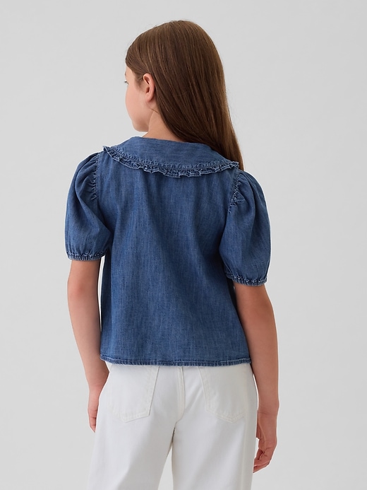 2 of 8 showing, with the color medium wash of product Kids Ruffle Collar Denim Shirt