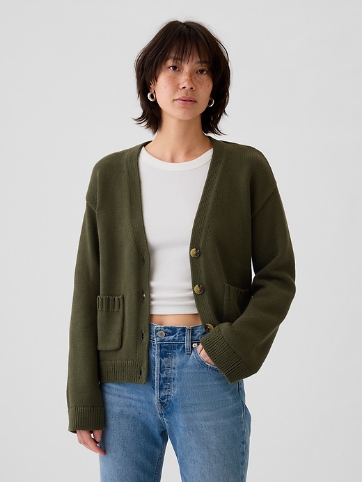 1 of 8 showing, with the color olive green of product Pocket Cardigan Sweater