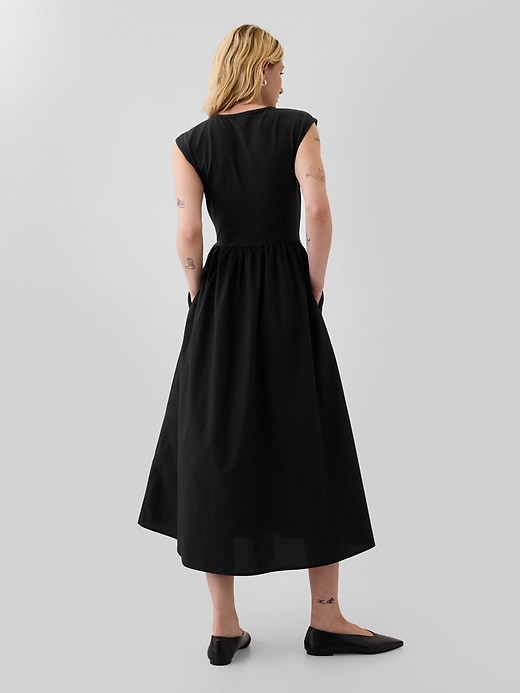 2 of 8 showing, with the color black of product Drop-Waist Mixed Media Midi Dress
