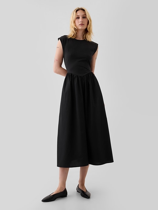 1 of 8 showing, with the color black of product Drop-Waist Mixed Media Midi Dress