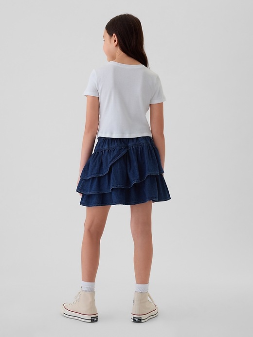 2 of 8 showing, with the color indigo dark wash of product Kids Ruffle Denim Skirt