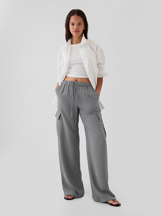 1 of 8 showing, with the color grey of product High Rise Crinkle Texture Pull-On Cargo Pants
