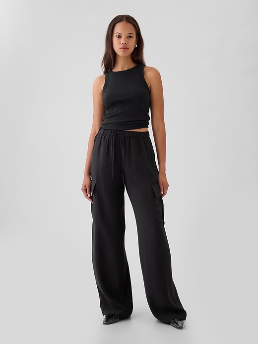 1 of 8 showing, with the color black of product High Rise Crinkle Texture Pull-On Cargo Pants