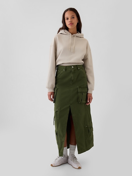 1 of 8 showing, with the color olive green of product Cargo Maxi Skirt