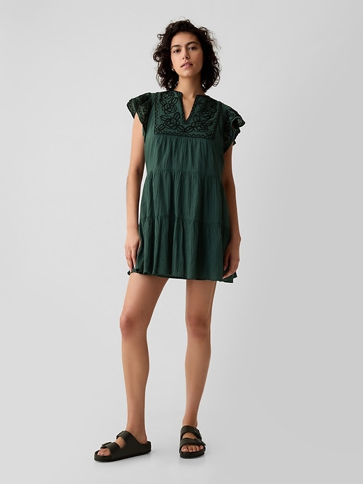 1 of 8 showing, with the color moore green of product Crinkle Gauze Embroidered Mini Dress