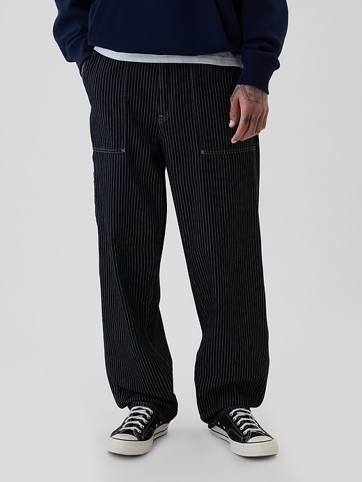 2 of 8 showing, with the color Navy pinstripe of product Railroad Utility Baggy Jeans