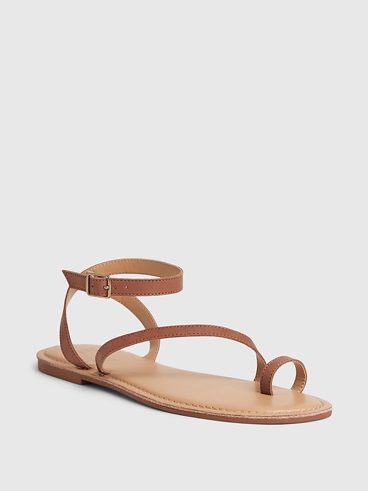 1 of 8 showing, with the color cognac brown of product Leather Ankle Wrap Strappy Sandals